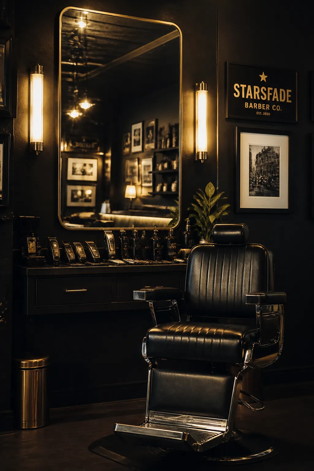 Barber's chair and mirror station at Starsfade Newcastle