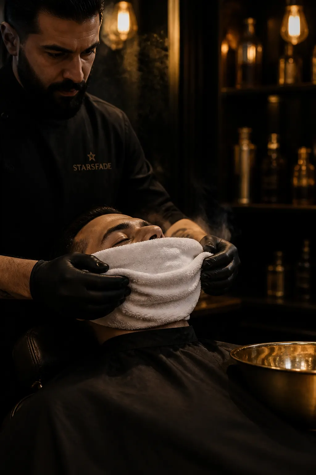 Hot towel applied before a cut-throat shave