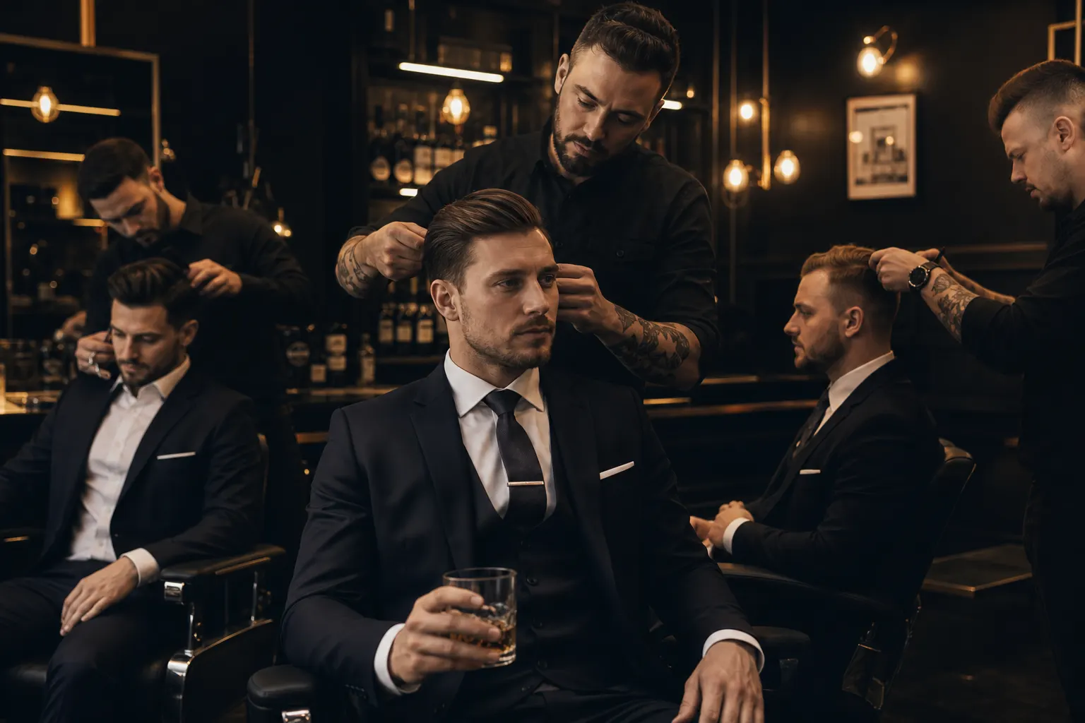 Groomsmen having their hair cut before a wedding